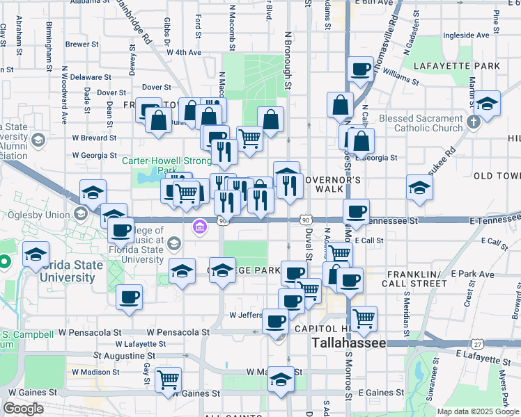 map of restaurants, bars, coffee shops, grocery stores, and more near 415 West Virginia Street in Tallahassee