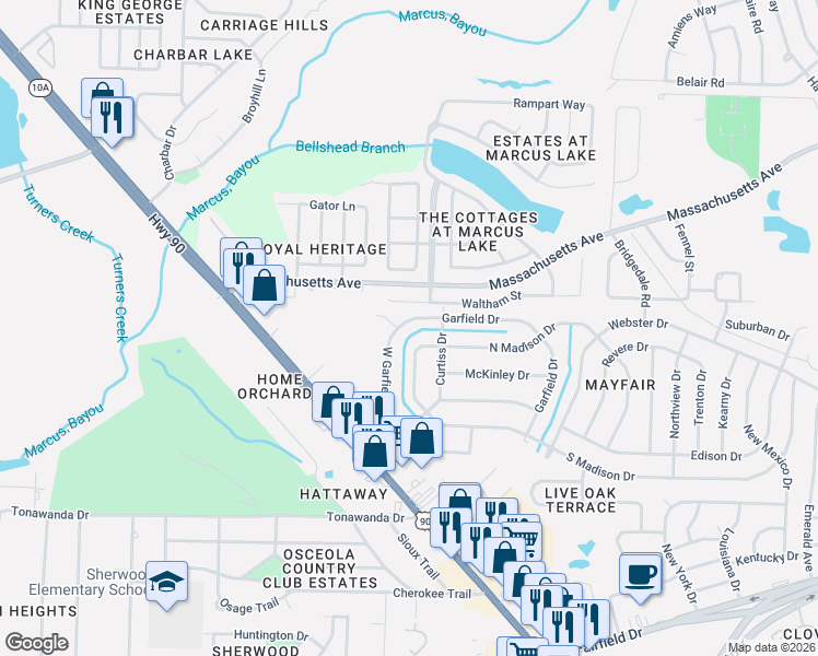 map of restaurants, bars, coffee shops, grocery stores, and more near 138 West Garfield Drive in Pensacola