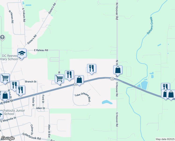 map of restaurants, bars, coffee shops, grocery stores, and more near 154A Village Oaks Boulevard in Ponchatoula