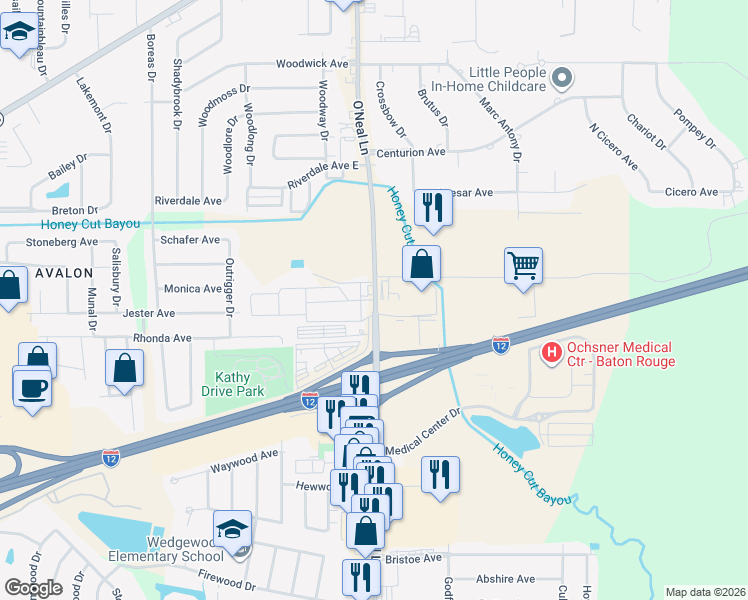 map of restaurants, bars, coffee shops, grocery stores, and more near 1680 O'Neal Lane in Baton Rouge