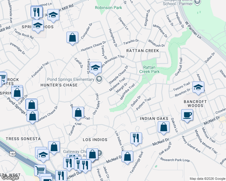 map of restaurants, bars, coffee shops, grocery stores, and more near 12717 Modena Trail in Austin
