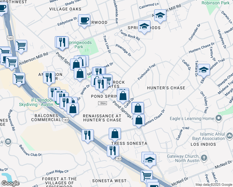 map of restaurants, bars, coffee shops, grocery stores, and more near 8518 Cahill Drive in Austin