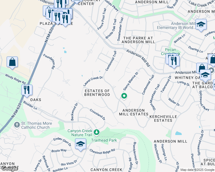map of restaurants, bars, coffee shops, grocery stores, and more near 10905 Centennial Trail in Austin
