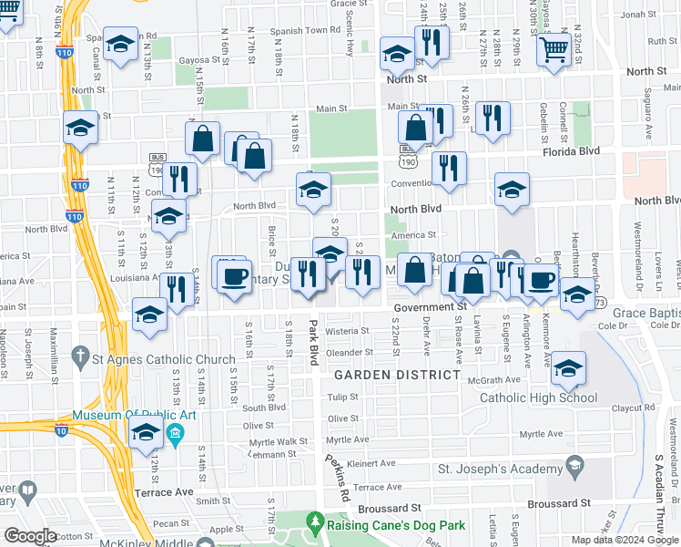 map of restaurants, bars, coffee shops, grocery stores, and more near 343 South 20th Street in Baton Rouge