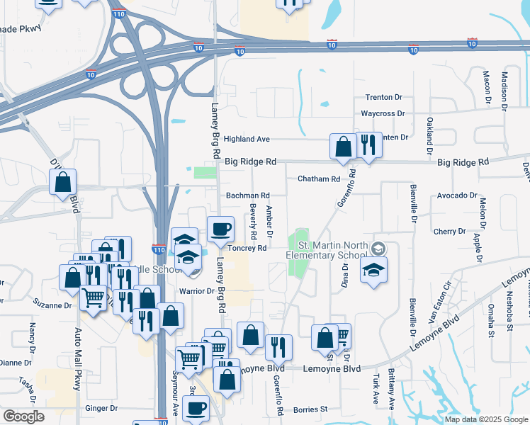 map of restaurants, bars, coffee shops, grocery stores, and more near 11103B Amber Drive in D'Iberville