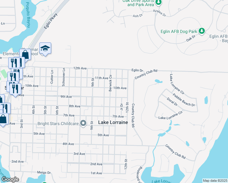 map of restaurants, bars, coffee shops, grocery stores, and more near 73 11th Street in Shalimar
