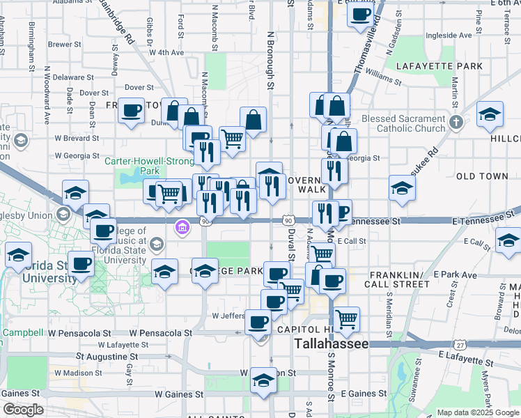 map of restaurants, bars, coffee shops, grocery stores, and more near 316 West Tennessee Street in Tallahassee
