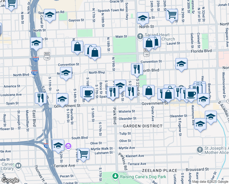 map of restaurants, bars, coffee shops, grocery stores, and more near 330 South 19th Street in Baton Rouge