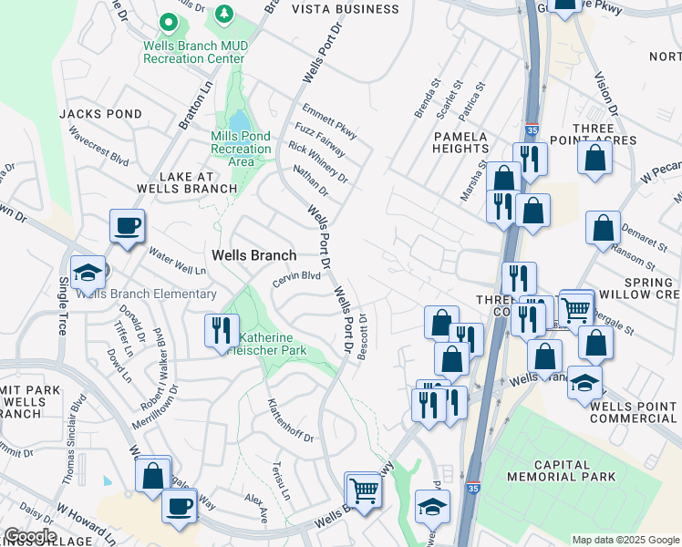 map of restaurants, bars, coffee shops, grocery stores, and more near 14932 Bescott Drive in Austin
