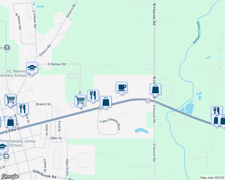 map of restaurants, bars, coffee shops, grocery stores, and more near 154A Village Oaks Boulevard in Ponchatoula