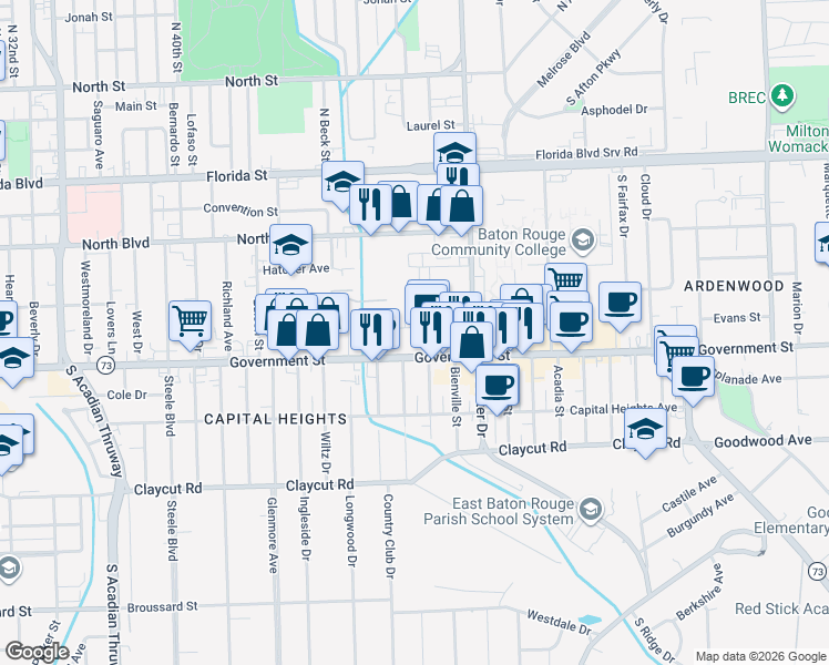 map of restaurants, bars, coffee shops, grocery stores, and more near 4615 Government Street in Baton Rouge