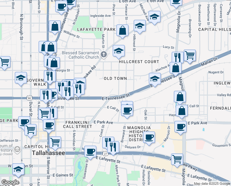 map of restaurants, bars, coffee shops, grocery stores, and more near 376 Terrace Street in Tallahassee