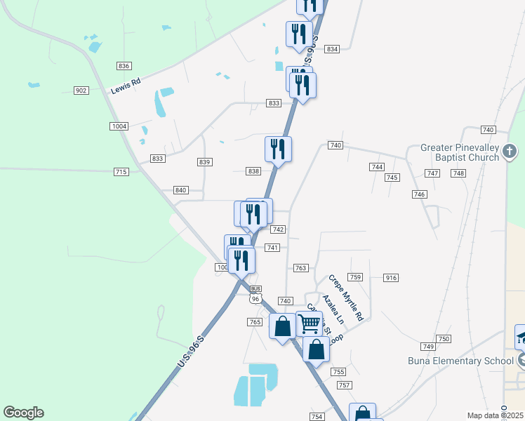 map of restaurants, bars, coffee shops, grocery stores, and more near County Road 743 in Buna