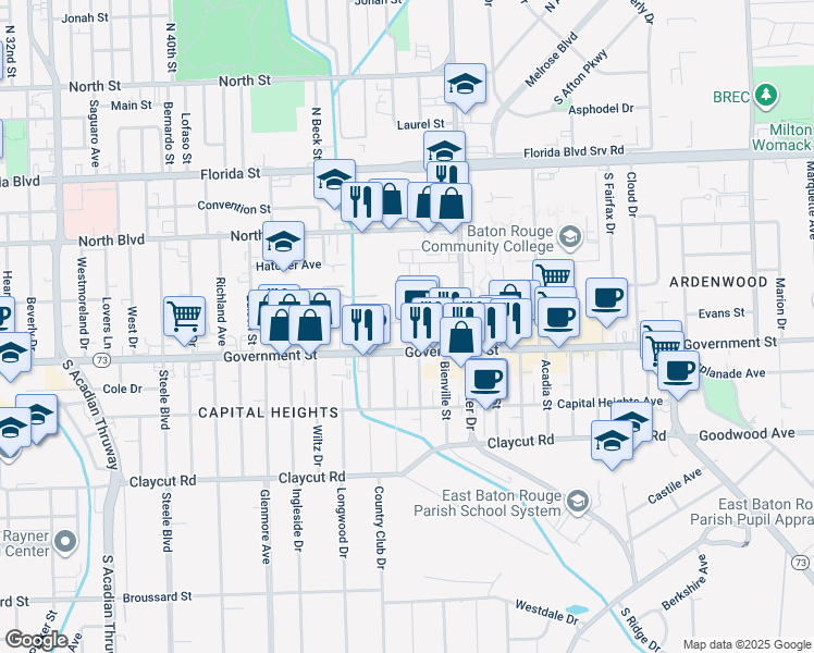 map of restaurants, bars, coffee shops, grocery stores, and more near 4615 Government Street in Baton Rouge