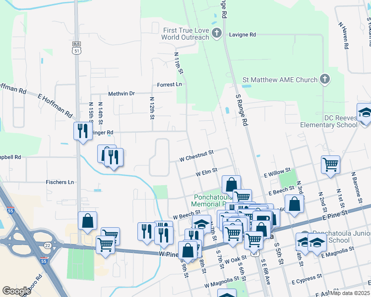 map of restaurants, bars, coffee shops, grocery stores, and more near 645 North 7th Street in Ponchatoula