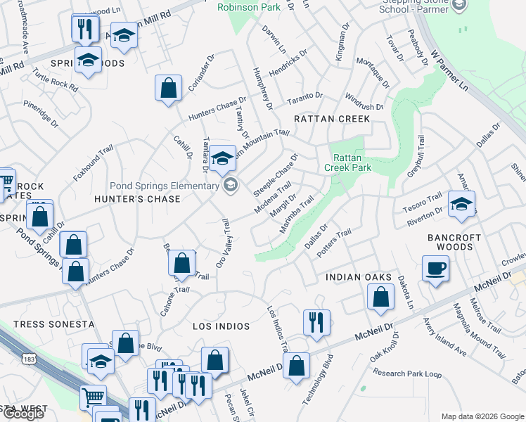 map of restaurants, bars, coffee shops, grocery stores, and more near 12717 Modena Trail in Austin