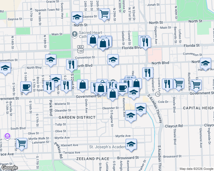 map of restaurants, bars, coffee shops, grocery stores, and more near 2552 Spain Street in Baton Rouge
