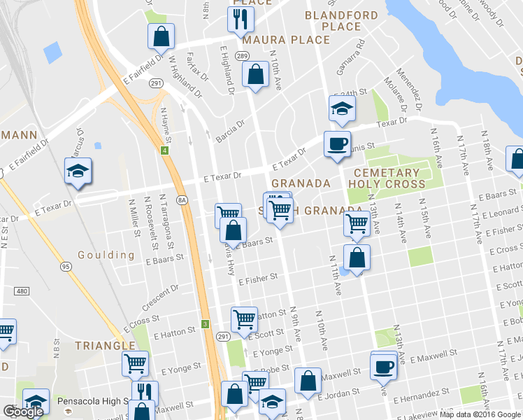 map of restaurants, bars, coffee shops, grocery stores, and more near 3010 Torres Avenue in Pensacola