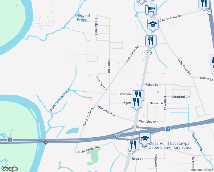 map of restaurants, bars, coffee shops, grocery stores, and more near 7113 Barnes Road in Moss Point