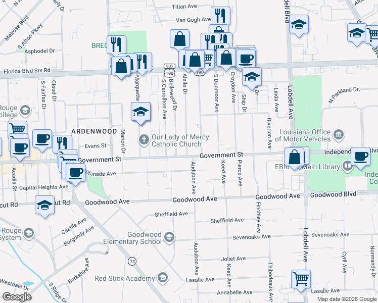 map of restaurants, bars, coffee shops, grocery stores, and more near 6729 Government Street in Baton Rouge