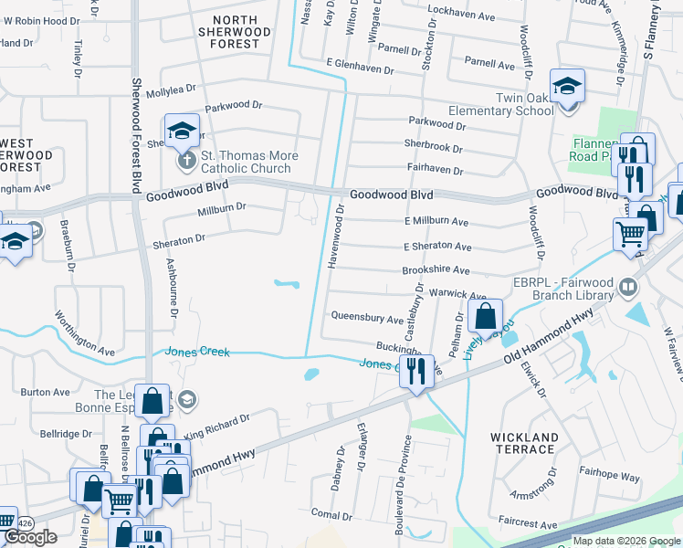 map of restaurants, bars, coffee shops, grocery stores, and more near 12244 Brookshire Avenue in Baton Rouge