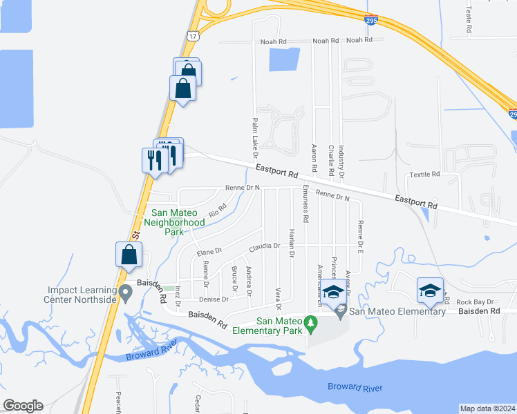 map of restaurants, bars, coffee shops, grocery stores, and more near 11514 Soforenko Drive in Jacksonville