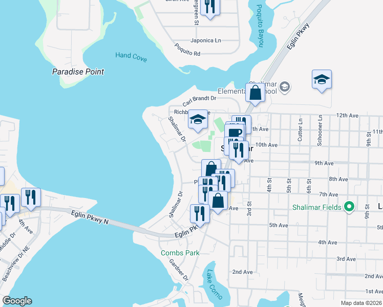 map of restaurants, bars, coffee shops, grocery stores, and more near 2585 Dana Court in Shalimar