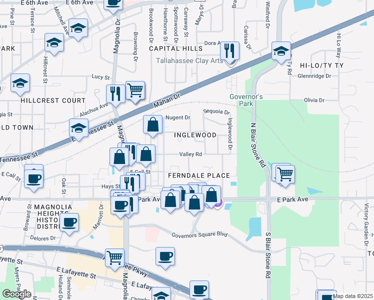 map of restaurants, bars, coffee shops, grocery stores, and more near 1518 Valley Road in Tallahassee