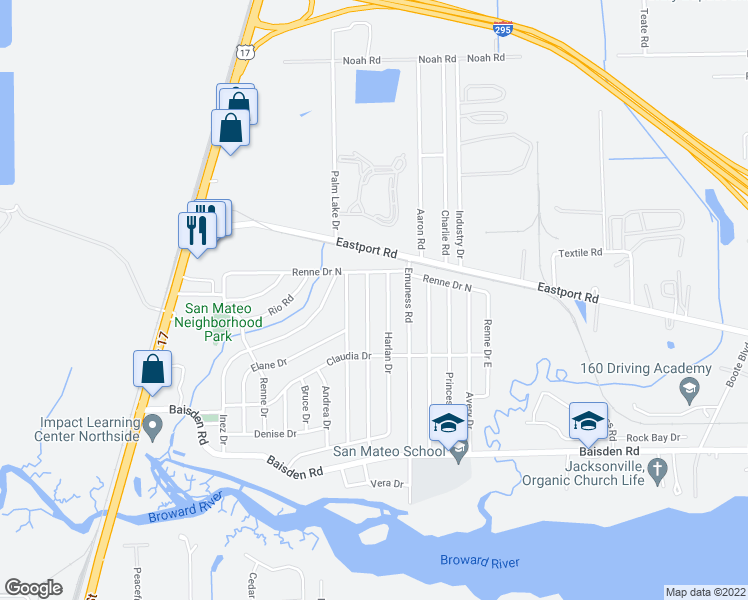 map of restaurants, bars, coffee shops, grocery stores, and more near 11515 Vera Drive in Jacksonville