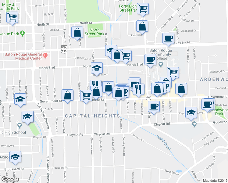 map of restaurants, bars, coffee shops, grocery stores, and more near 417 Longwood Court in Baton Rouge