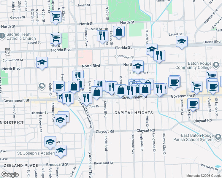 map of restaurants, bars, coffee shops, grocery stores, and more near 355 East Drive in Baton Rouge