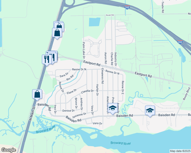 map of restaurants, bars, coffee shops, grocery stores, and more near 11514 Harlan Drive in Jacksonville