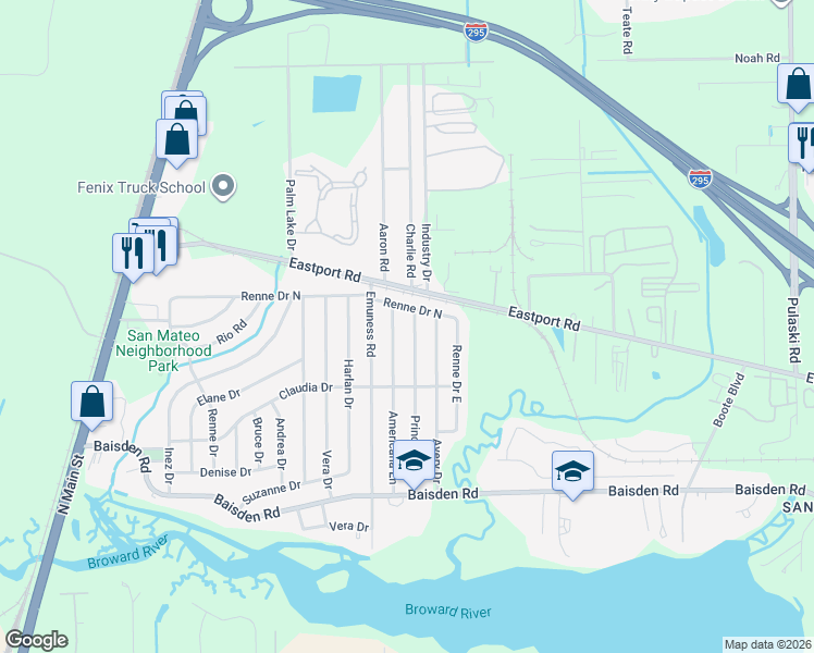 map of restaurants, bars, coffee shops, grocery stores, and more near 11514 Princessa Lane in Jacksonville