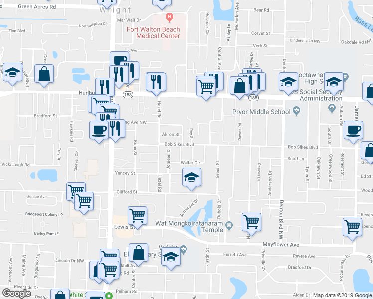 map of restaurants, bars, coffee shops, grocery stores, and more near 119 Bob Sikes Road in Fort Walton Beach