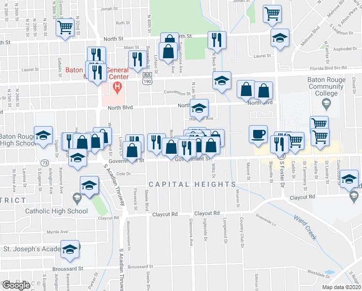 map of restaurants, bars, coffee shops, grocery stores, and more near 370 Edison Street in Baton Rouge