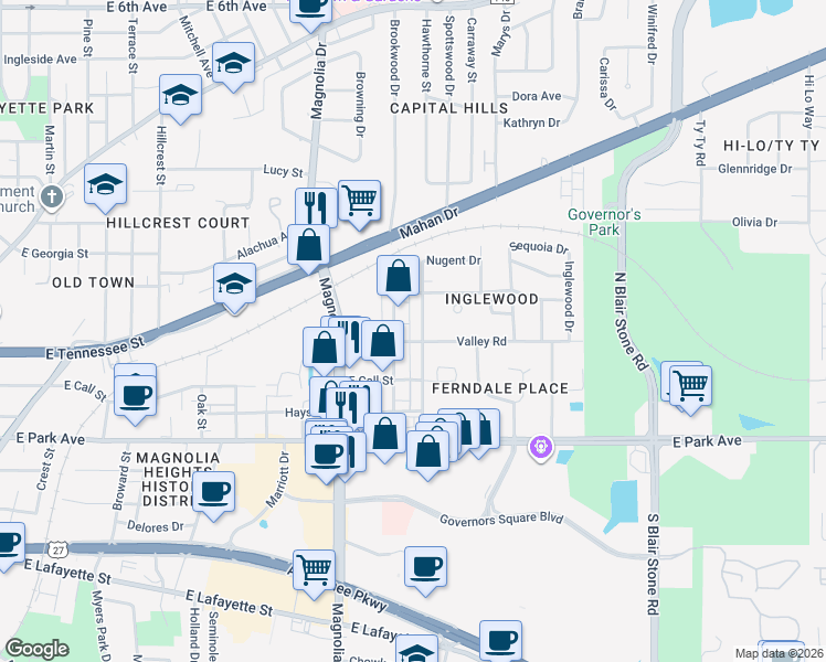 map of restaurants, bars, coffee shops, grocery stores, and more near 327 Office Plaza Drive in Tallahassee
