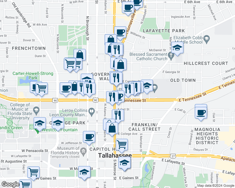 map of restaurants, bars, coffee shops, grocery stores, and more near 215 East Virginia Street in Tallahassee