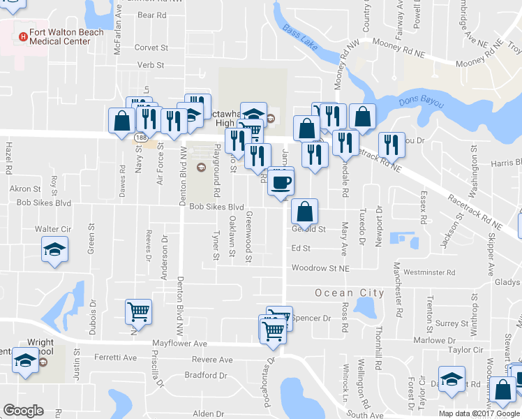 map of restaurants, bars, coffee shops, grocery stores, and more near 615 Bob Sikes Boulevard in Fort Walton Beach