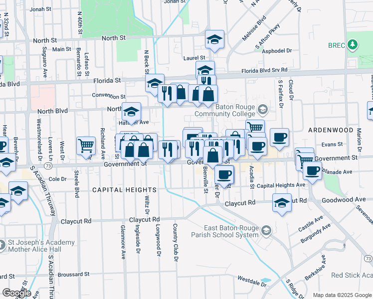 map of restaurants, bars, coffee shops, grocery stores, and more near 4615 Government Street in Baton Rouge