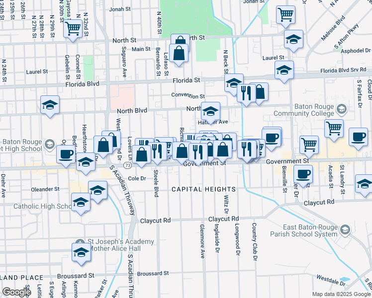 map of restaurants, bars, coffee shops, grocery stores, and more near 370 Edison Street in Baton Rouge