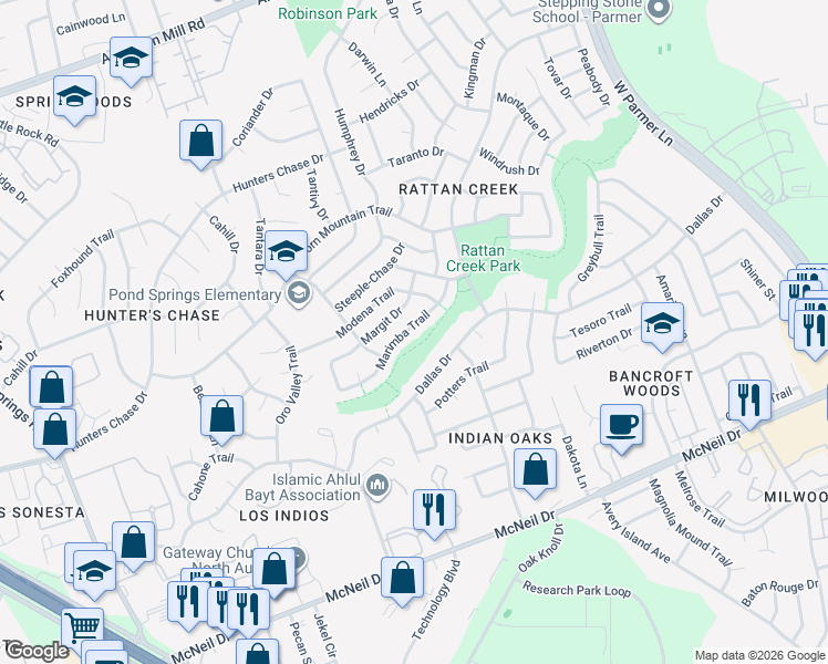 map of restaurants, bars, coffee shops, grocery stores, and more near 12915 Marimba Trail in Austin