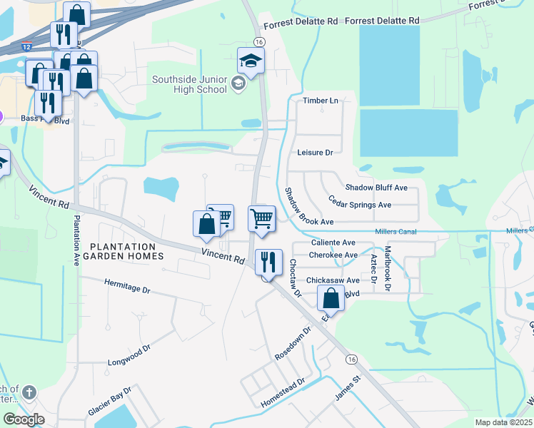 map of restaurants, bars, coffee shops, grocery stores, and more near 8646 Shadow Springs Boulevard in Denham Springs