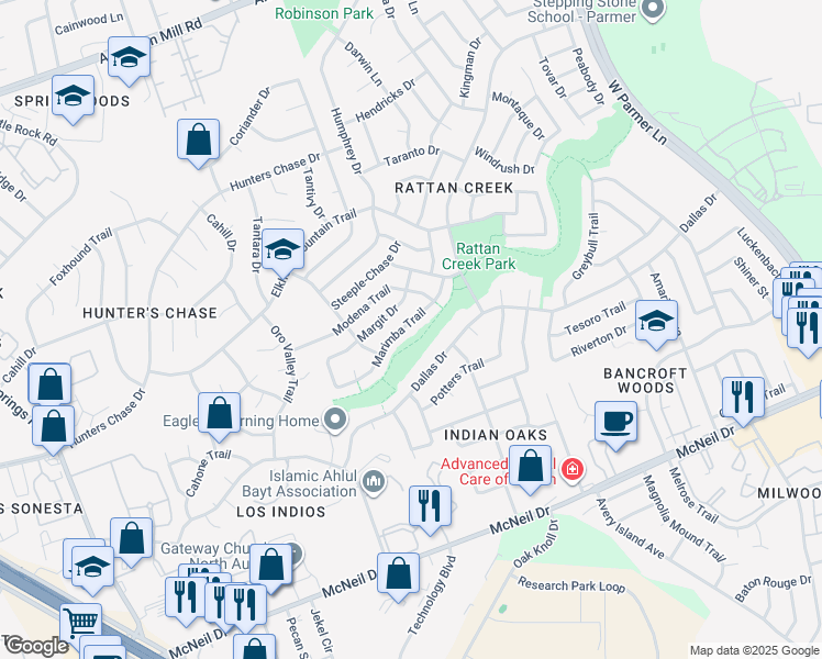 map of restaurants, bars, coffee shops, grocery stores, and more near 12915 Marimba Trail in Austin