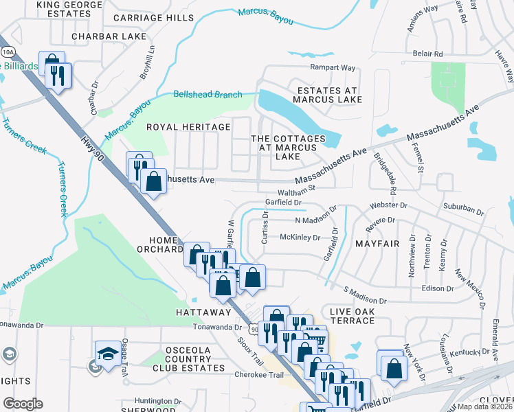 map of restaurants, bars, coffee shops, grocery stores, and more near 157 Garfield Drive in Pensacola