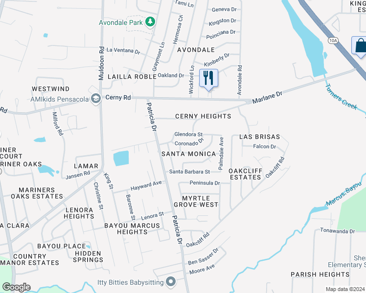 map of restaurants, bars, coffee shops, grocery stores, and more near 7143 Coronado Drive in Pensacola