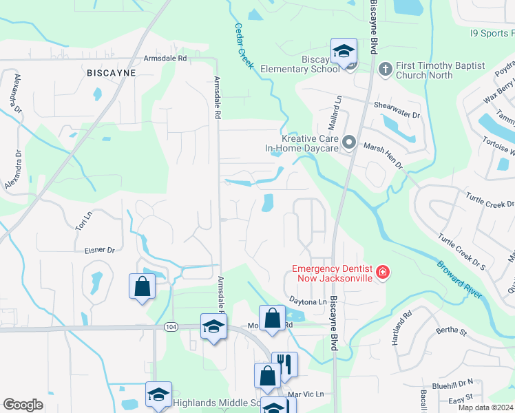 map of restaurants, bars, coffee shops, grocery stores, and more near 11577 Oak Lawn Road in Jacksonville