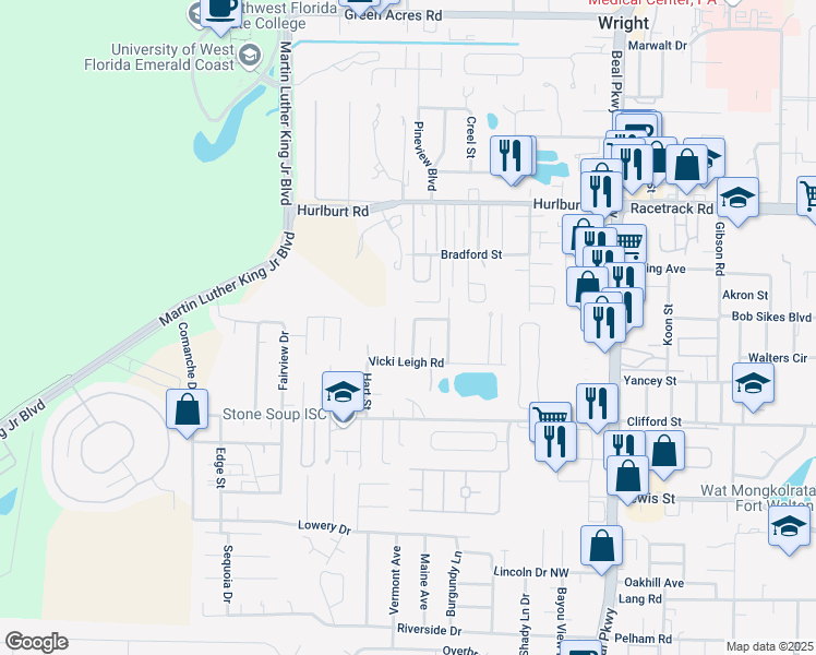 map of restaurants, bars, coffee shops, grocery stores, and more near 944 John Wayne Circle in Fort Walton Beach