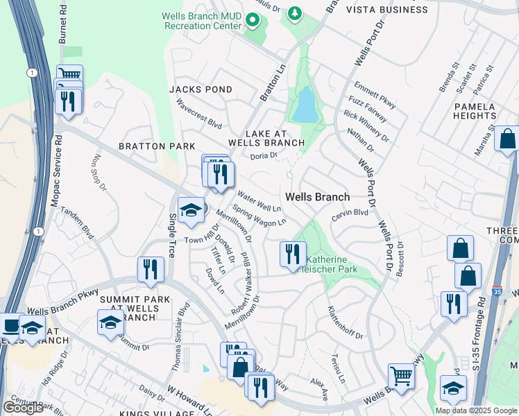 map of restaurants, bars, coffee shops, grocery stores, and more near 2405 Water Well Lane in Austin