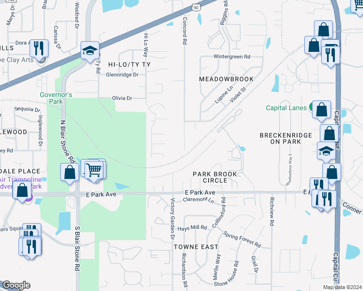map of restaurants, bars, coffee shops, grocery stores, and more near 508 Concord Road in Tallahassee