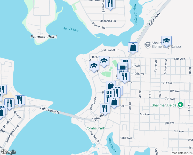 map of restaurants, bars, coffee shops, grocery stores, and more near 2585 Dana Court in Shalimar